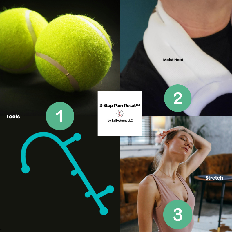 3 step pain relief method showing pressure with a ball, applying heat, and simple movement to reduce neck and back pain at home