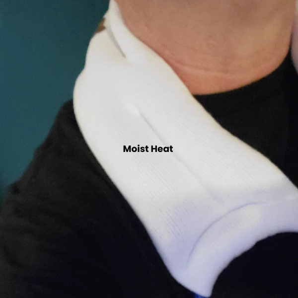 Applying a moist heat pack to the neck or shoulders to relax muscles and improve bloodflow/circulation
