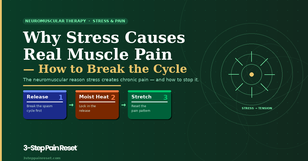 Why stress causes real muscle pain — 3-Step Pain Reset neuromuscular method showing Release, Moist Heat, and Stretch