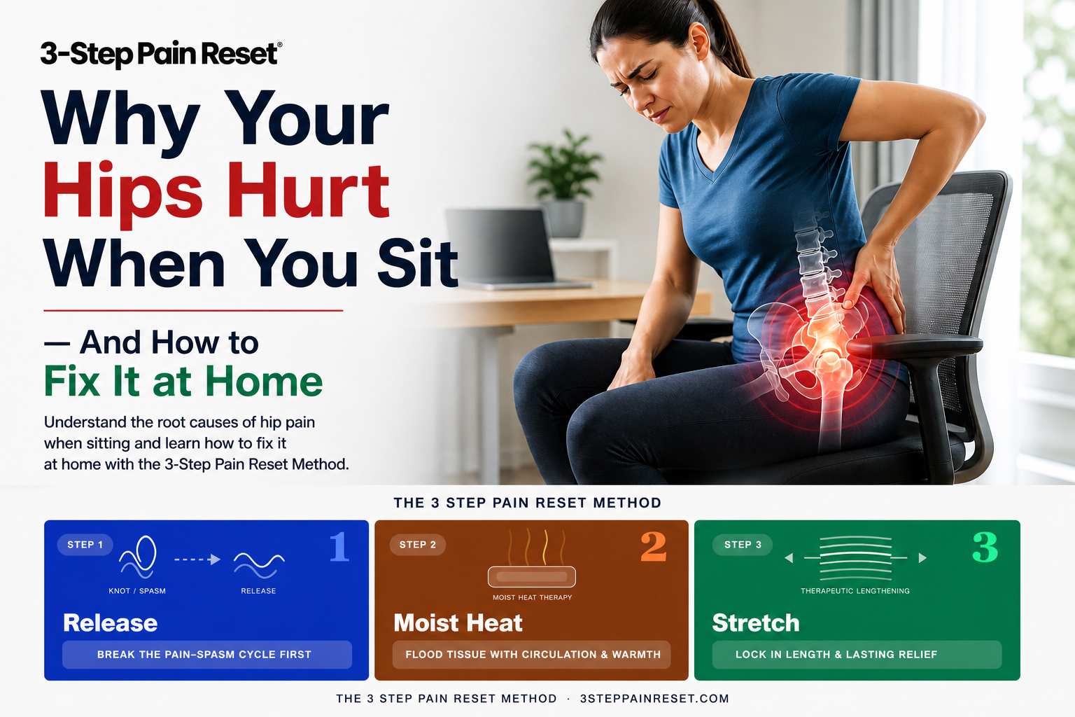 Woman sitting in office chair with hip pain showing hip joint inflammation and the 3 Step Pain Reset method for at-home hip pain relief