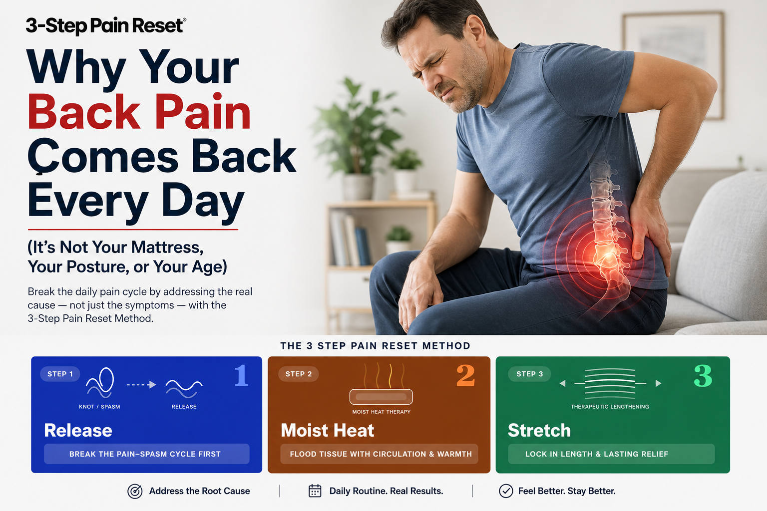 Man sitting with lower back pain showing spinal inflammation and the 3 Step Pain Reset method for chronic back pain relief at home
