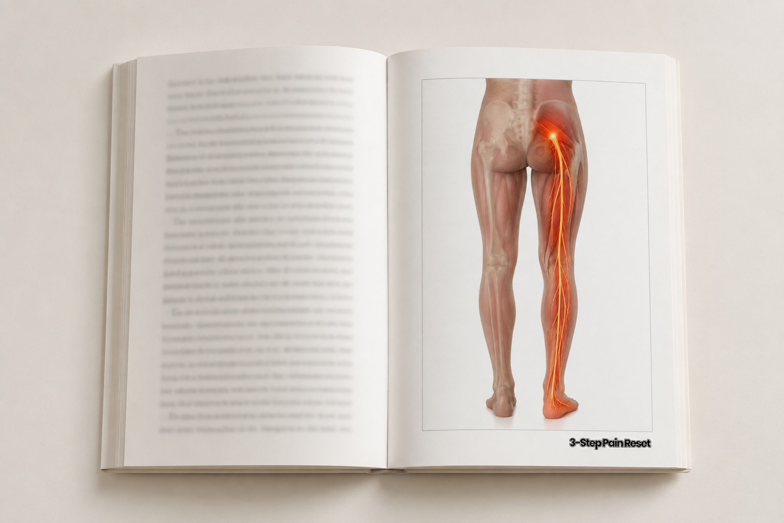 Open book page showing piriformis trigger point and sciatic nerve referral pain illustration